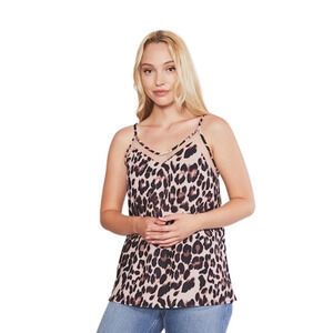 TRACIES SLEEVELESS V-NECK LEOPARD PRINT MESH CAMI TANK TOP TAN/BLACK LARGE NWT‎
